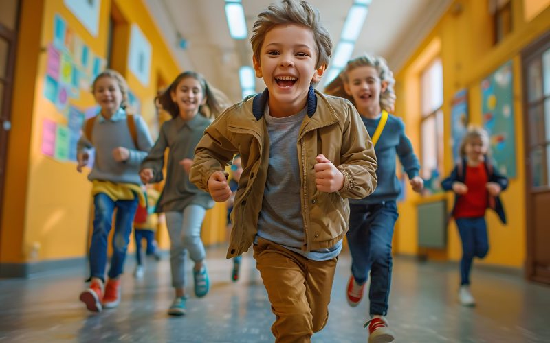smiling-pupils-running-bright-hallway-colorful-posters-joyous-expressions-min